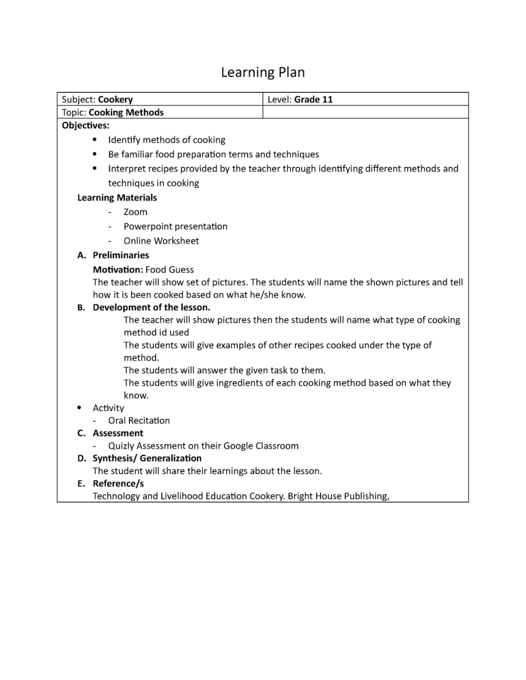 Picture of: Lesson plan – Lecture notes  – Learning Plan Subject: Cookery